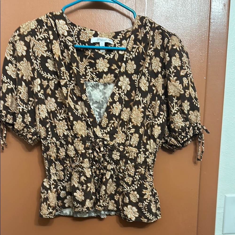 10 Crosby Derek Lam Black and Tan Smocked Peplum Blouse